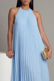 A Line Floral Maxi White Blue Flower Beach Wedding Guest Dress with Pleats