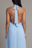 A Line Floral Maxi White Blue Flower Beach Wedding Guest Dress with Pleats