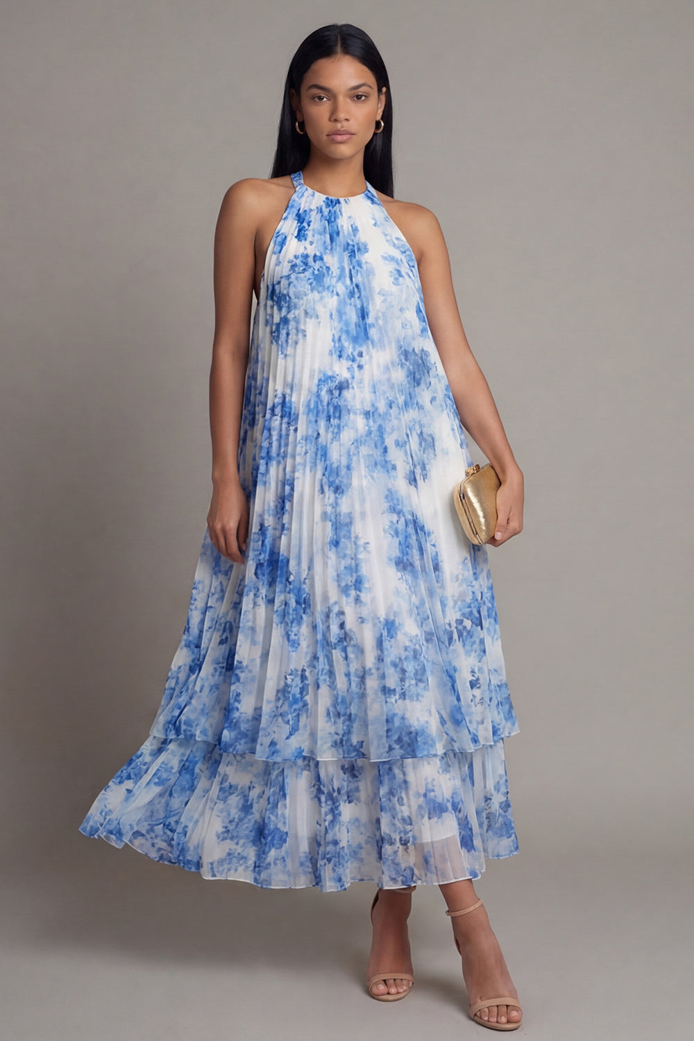 A Line Floral Maxi White Blue Flower Beach Wedding Guest Dress with Pleats