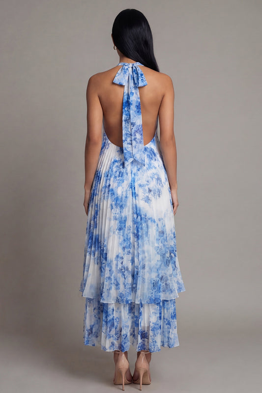 A Line Floral Maxi White Blue Flower Beach Wedding Guest Dress with Pleats