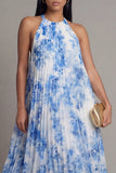 A Line Floral Maxi White Blue Flower Beach Wedding Guest Dress with Pleats