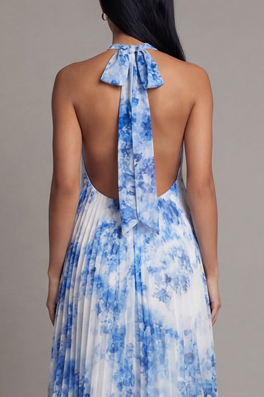 A Line Floral Maxi White Blue Flower Beach Wedding Guest Dress with Pleats