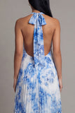 A Line Floral Maxi White Blue Flower Beach Wedding Guest Dress with Pleats