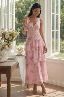 Pink V-Neck A Line Floral Maxi Beach Wedding Guest Dress with Ruffles