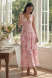 Pink V-Neck A Line Floral Maxi Beach Wedding Guest Dress with Ruffles
