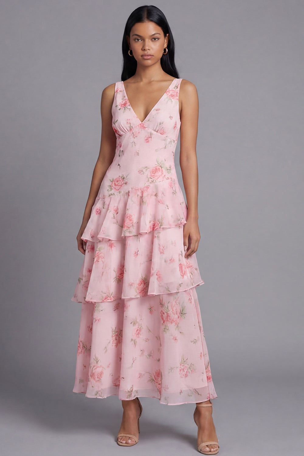 Pink V-Neck A Line Floral Maxi Beach Wedding Guest Dress with Ruffles