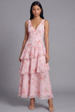 Pink V-Neck A Line Floral Maxi Beach Wedding Guest Dress with Ruffles