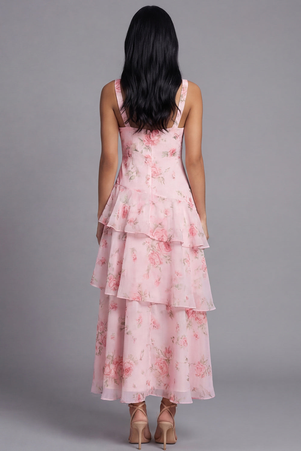 Pink V-Neck A Line Floral Maxi Beach Wedding Guest Dress with Ruffles