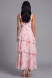 Pink V-Neck A Line Floral Maxi Beach Wedding Guest Dress with Ruffles