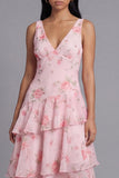 Pink V-Neck A Line Floral Maxi Beach Wedding Guest Dress with Ruffles
