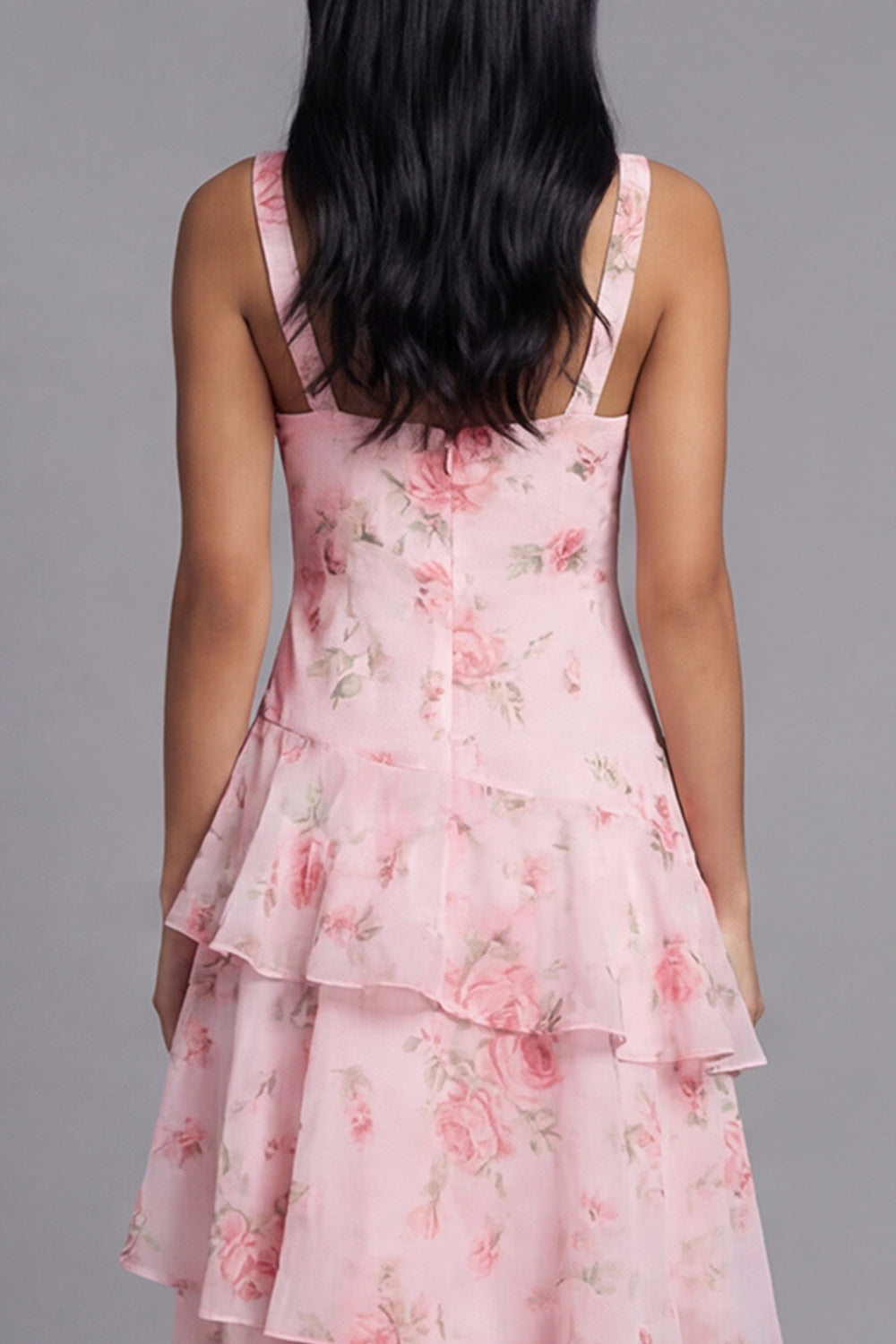 Pink V-Neck A Line Floral Maxi Beach Wedding Guest Dress with Ruffles