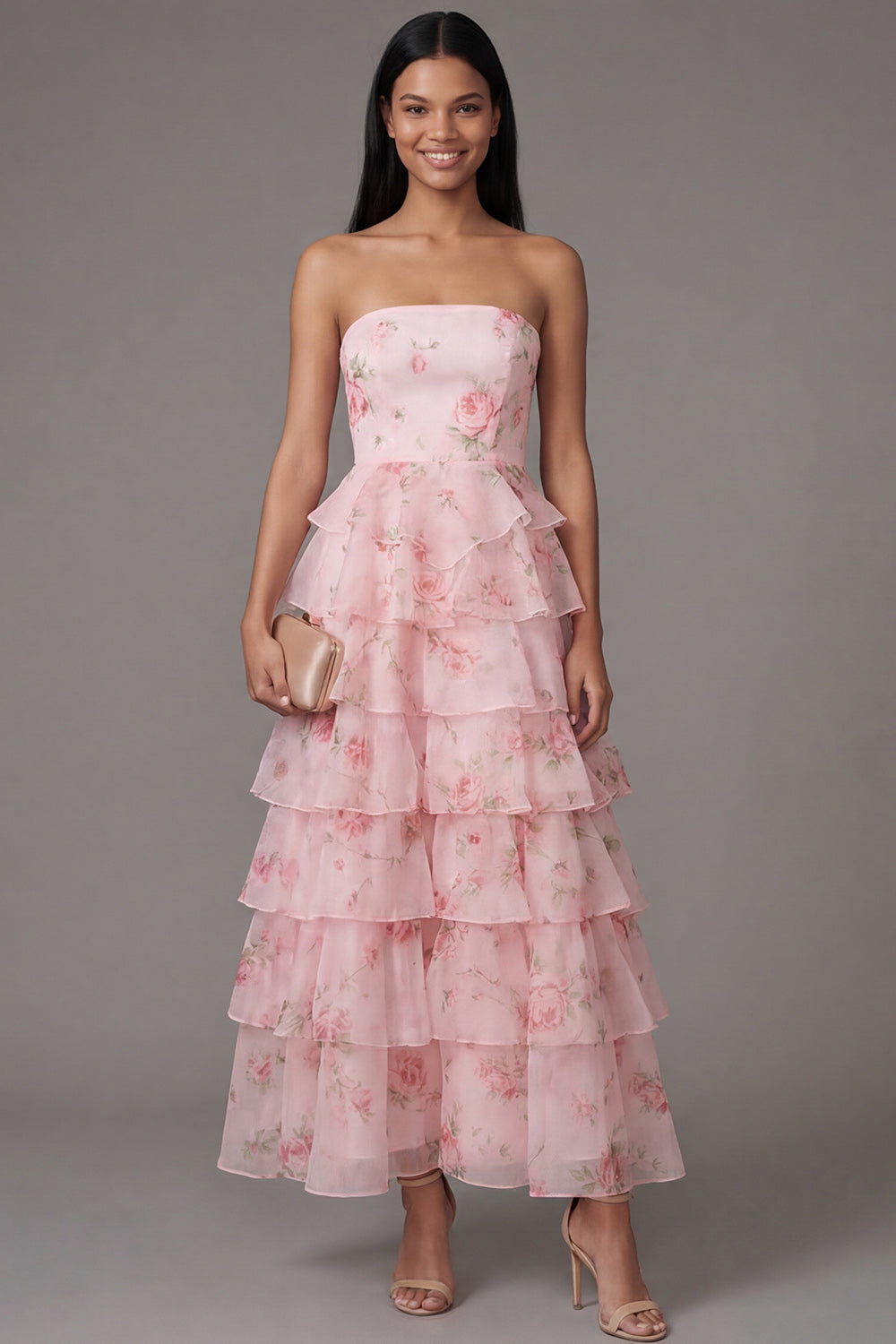 A Line Floral Maxi Strapless Pink Beach Wedding Guest Dress with Ruffles