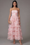 A Line Floral Maxi Strapless Pink Beach Wedding Guest Dress with Ruffles