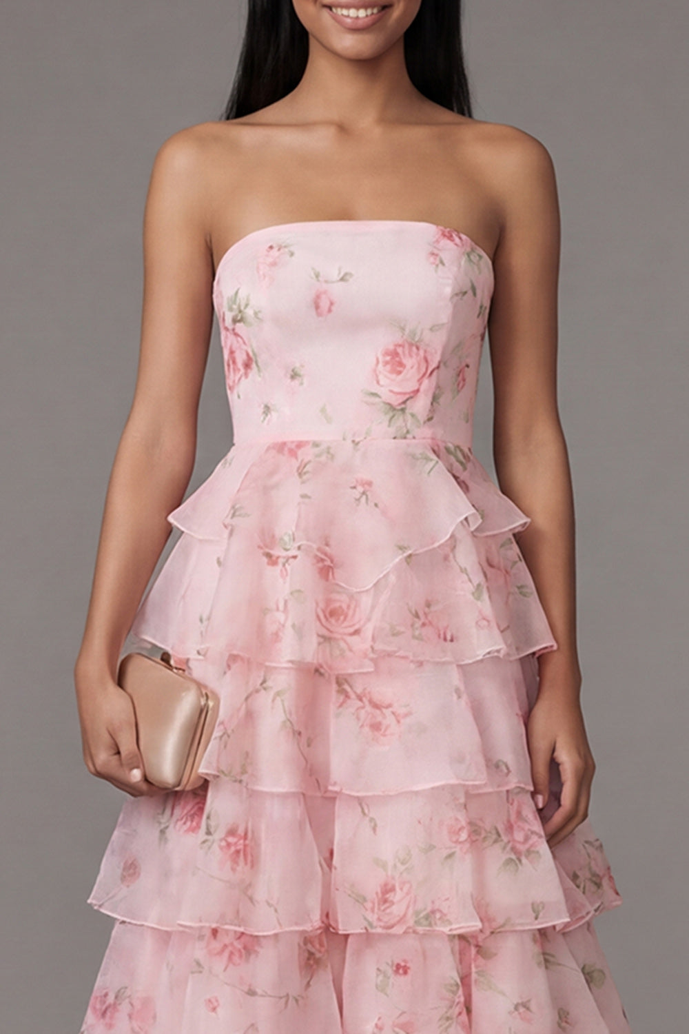 A Line Floral Maxi Strapless Pink Beach Wedding Guest Dress with Ruffles