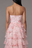 A Line Floral Maxi Strapless Pink Beach Wedding Guest Dress with Ruffles