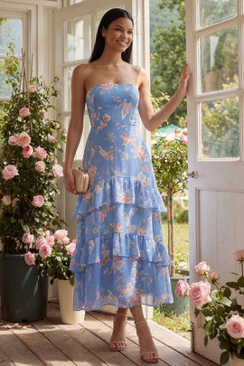 A Line Strapless Blue Floral Maxi Beach Wedding Guest Dress with Ruffles