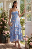A Line Strapless Blue Floral Maxi Beach Wedding Guest Dress with Ruffles