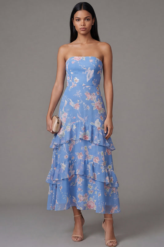 A Line Strapless Blue Floral Maxi Beach Wedding Guest Dress with Ruffles