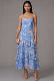 A Line Strapless Blue Floral Maxi Beach Wedding Guest Dress with Ruffles