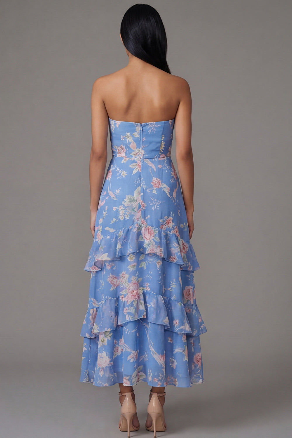 A Line Strapless Blue Floral Maxi Beach Wedding Guest Dress with Ruffles
