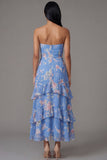 A Line Strapless Blue Floral Maxi Beach Wedding Guest Dress with Ruffles