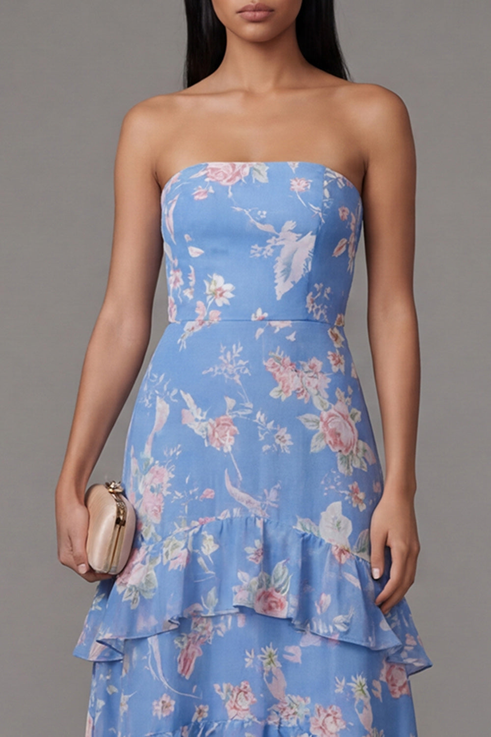 A Line Strapless Blue Floral Maxi Beach Wedding Guest Dress with Ruffles