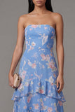 A Line Strapless Blue Floral Maxi Beach Wedding Guest Dress with Ruffles