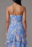 A Line Strapless Blue Floral Maxi Beach Wedding Guest Dress with Ruffles