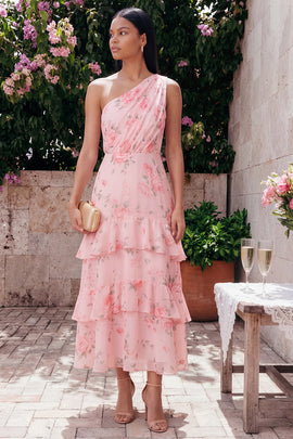 One Shoulder Ruched Floral Maxi A Line Pink Beach Wedding Guest Dress with Ruffles