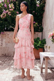 One Shoulder Ruched Floral Maxi A Line Pink Beach Wedding Guest Dress with Ruffles