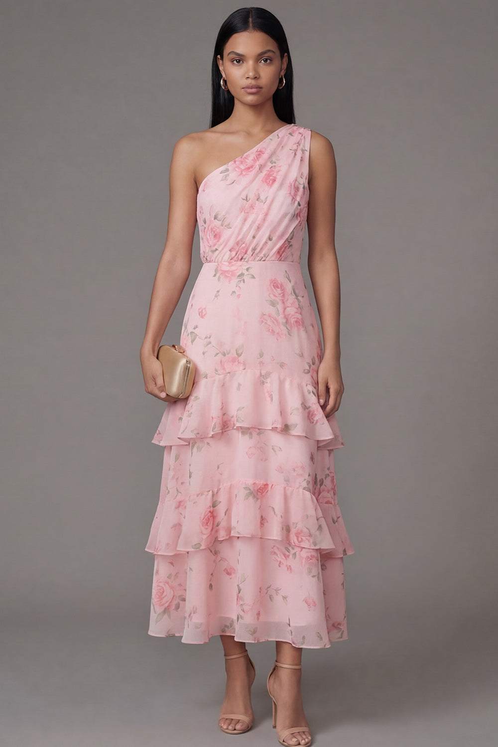 One Shoulder Ruched Floral Maxi A Line Pink Beach Wedding Guest Dress with Ruffles