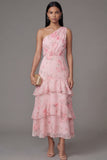 One Shoulder Ruched Floral Maxi A Line Pink Beach Wedding Guest Dress with Ruffles