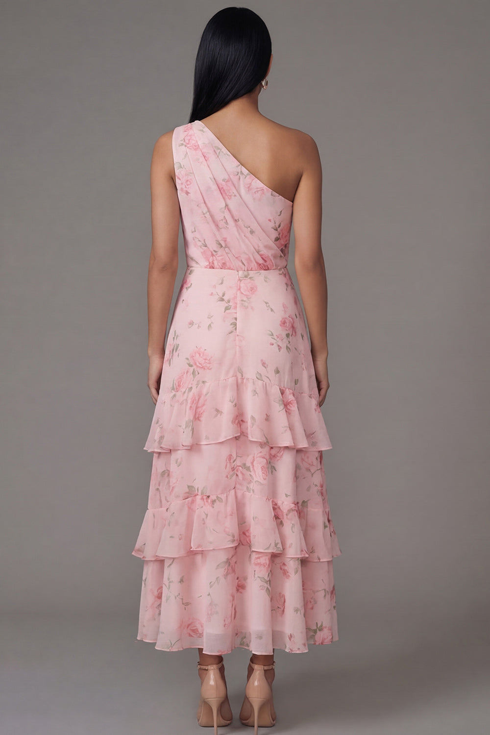 One Shoulder Ruched Floral Maxi A Line Pink Beach Wedding Guest Dress with Ruffles