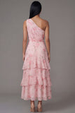 One Shoulder Ruched Floral Maxi A Line Pink Beach Wedding Guest Dress with Ruffles