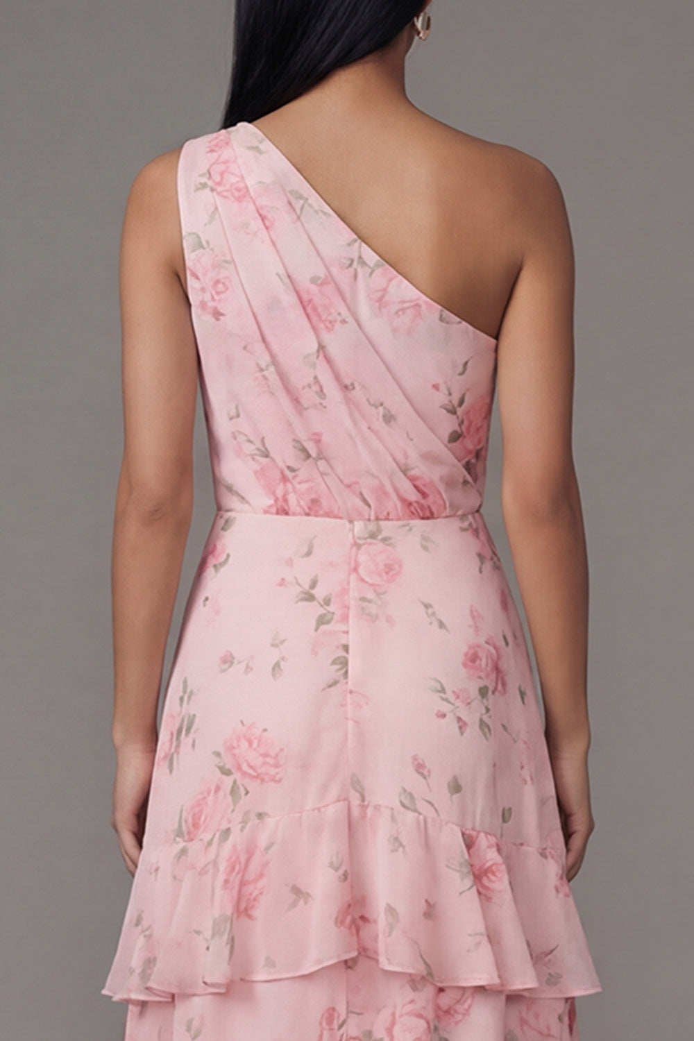 One Shoulder Ruched Floral Maxi A Line Pink Beach Wedding Guest Dress with Ruffles
