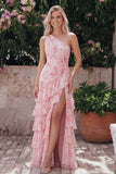 Ruffled Floral Maxi Ruched A Line Pink Beach Wedding Guest Dress with Slit