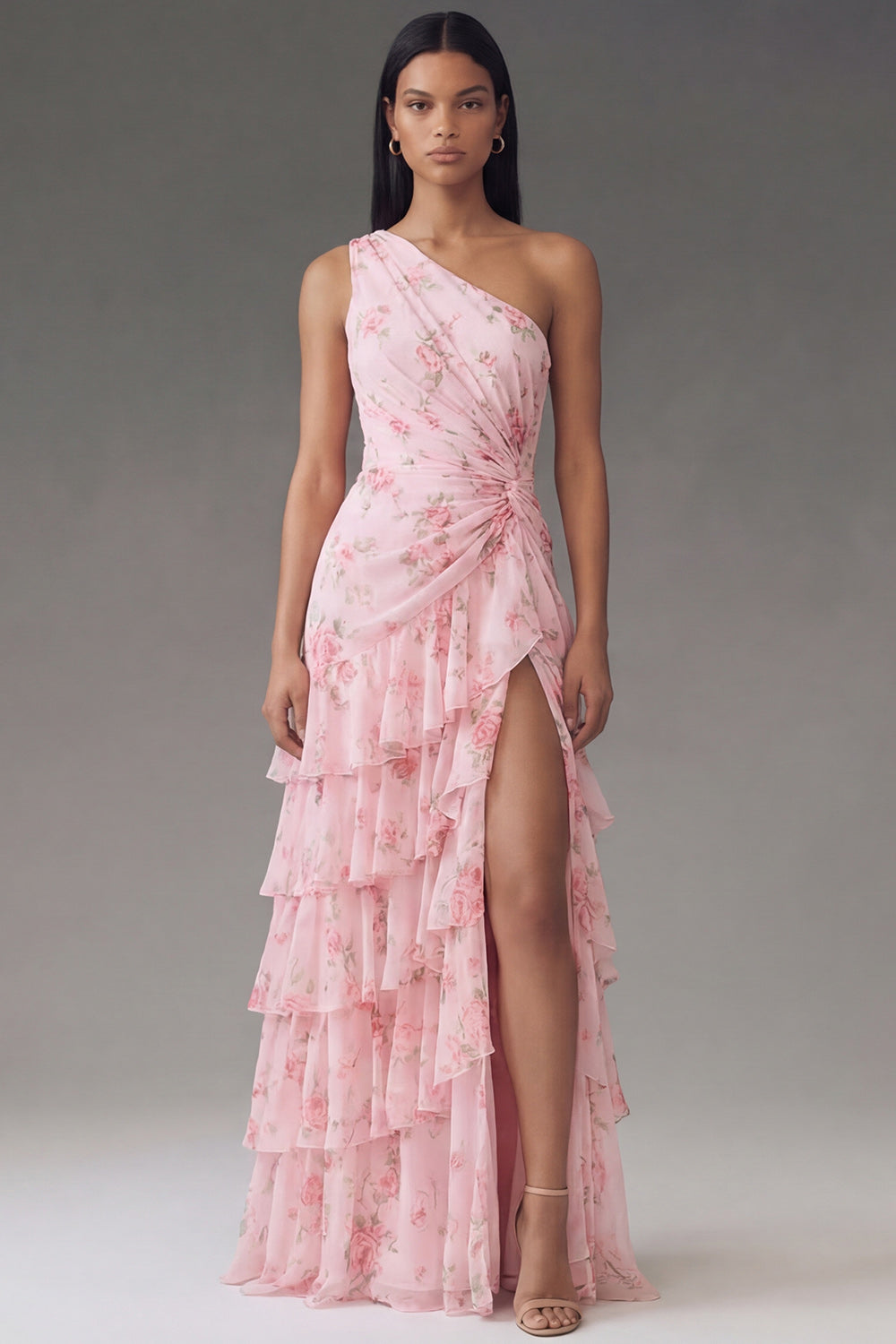 Ruffled Floral Maxi Ruched A Line Pink Beach Wedding Guest Dress with Slit