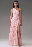Ruffled Floral Maxi Ruched A Line Pink Beach Wedding Guest Dress with Slit