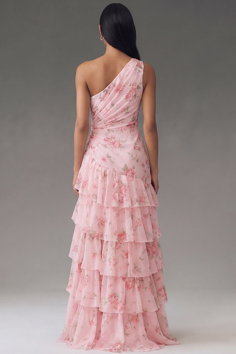 Ruffled Floral Maxi Ruched A Line Pink Beach Wedding Guest Dress with Slit