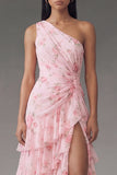 Ruffled Floral Maxi Ruched A Line Pink Beach Wedding Guest Dress with Slit