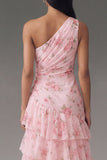 Ruffled Floral Maxi Ruched A Line Pink Beach Wedding Guest Dress with Slit