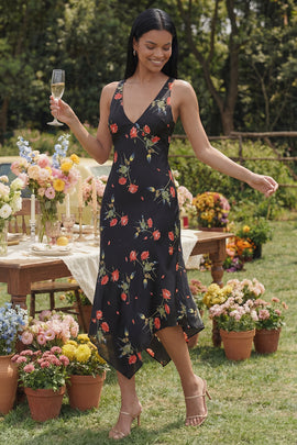 V-Neck A Line Black Floral Asymmetrical Beach Wedding Guest Dress