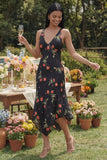 V-Neck A Line Black Floral Asymmetrical Beach Wedding Guest Dress
