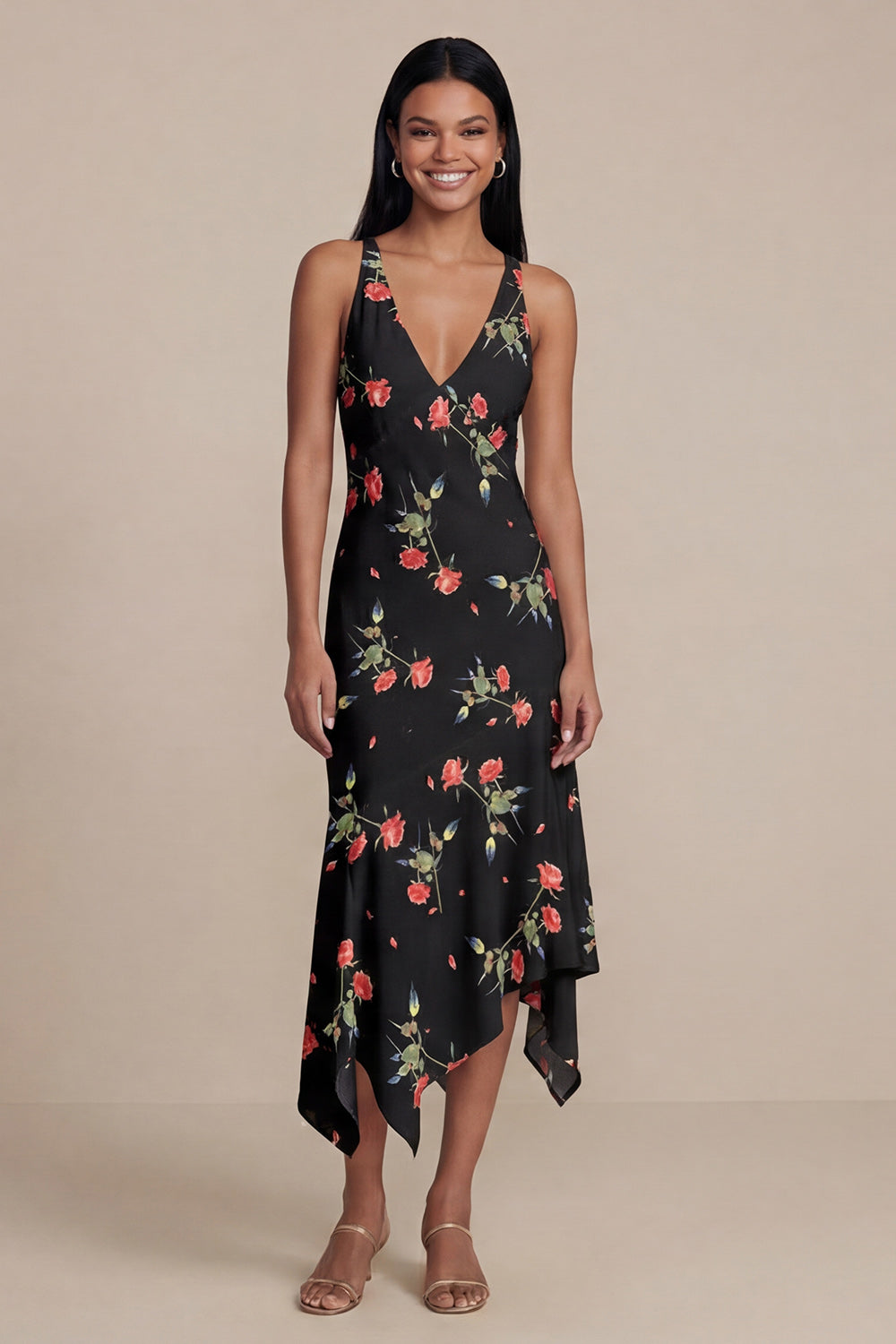 V-Neck A Line Black Floral Asymmetrical Beach Wedding Guest Dress
