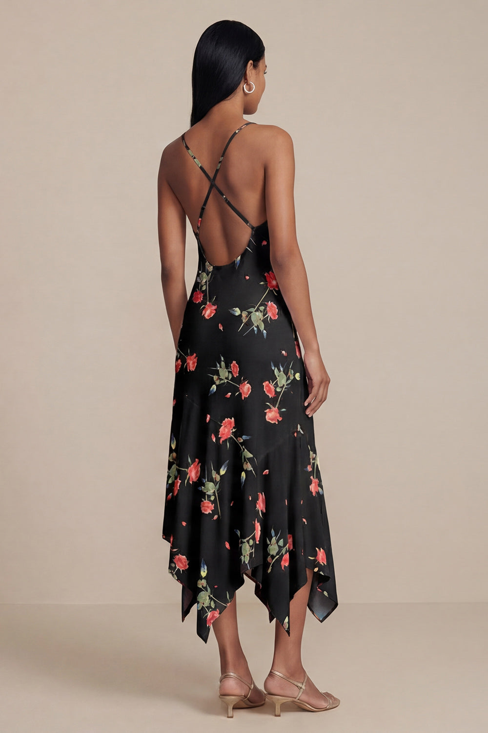 V-Neck A Line Black Floral Asymmetrical Beach Wedding Guest Dress