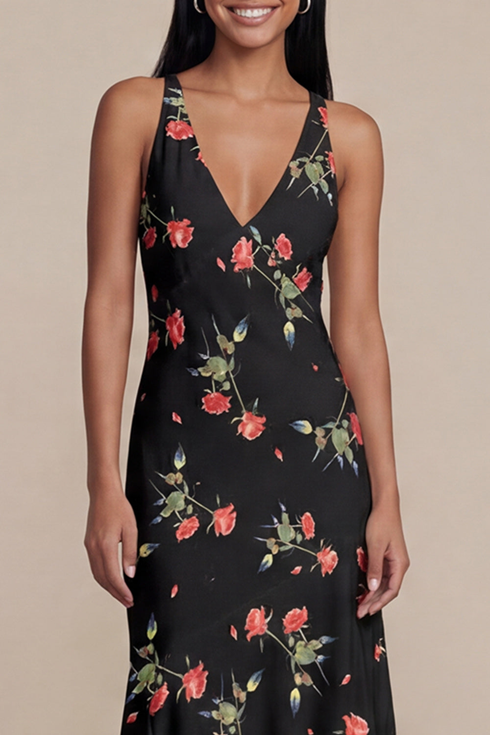 V-Neck A Line Black Floral Asymmetrical Beach Wedding Guest Dress
