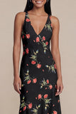 V-Neck A Line Black Floral Asymmetrical Beach Wedding Guest Dress