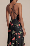 V-Neck A Line Black Floral Asymmetrical Beach Wedding Guest Dress