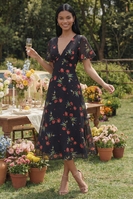 Maxi Black V-Neck A Line Floral Beach Wedding Guest Dress
