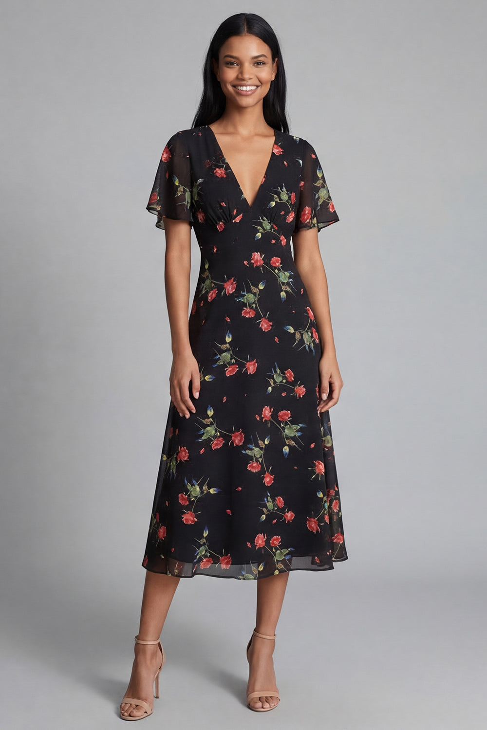 Maxi Black V-Neck A Line Floral Beach Wedding Guest Dress